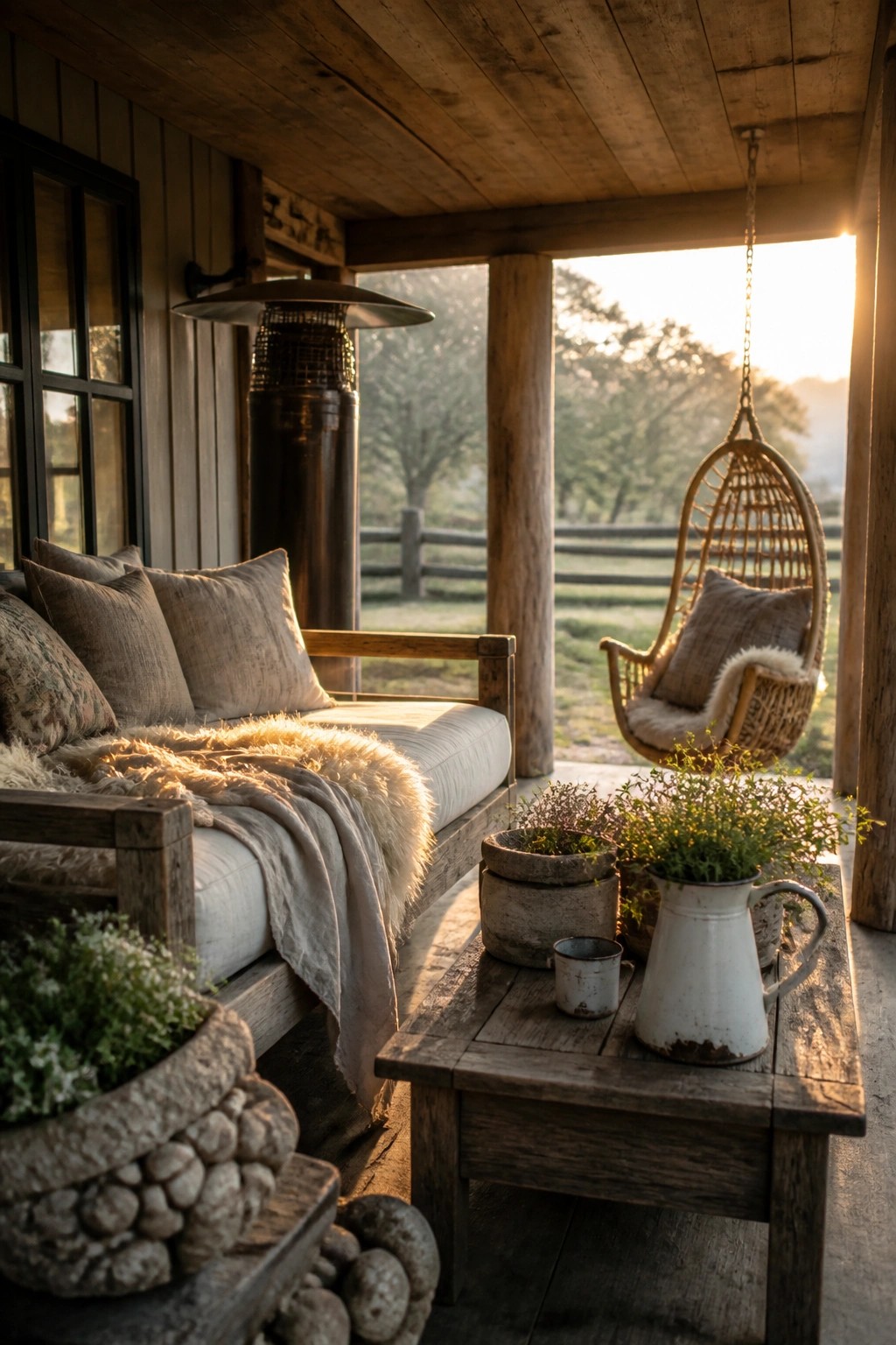 A rustic wooden porch with a cushioned bench, hanging wicker chair, wooden coffee table holding potted plants, and an outdoor heater overlooking open fields.