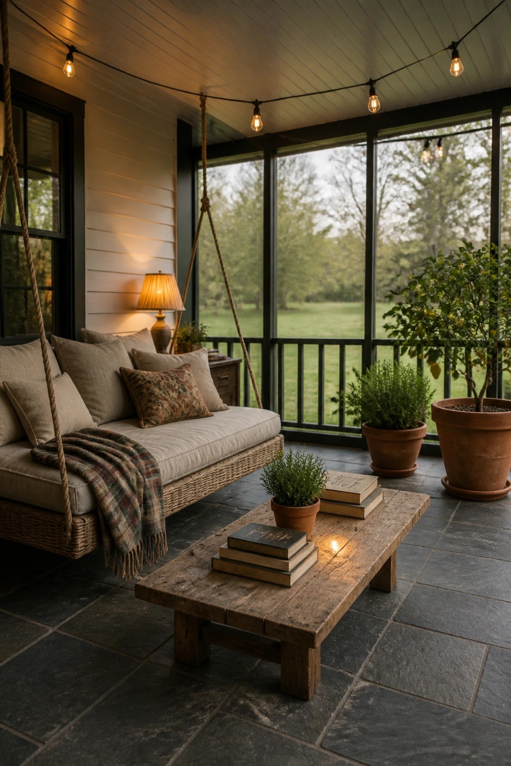 A screened porch featuring a hanging wicker swing with cushions and a plaid throw, a rustic wooden coffee table holding books and potted plants, string lights overhead, and large windows overlooking a grassy field.