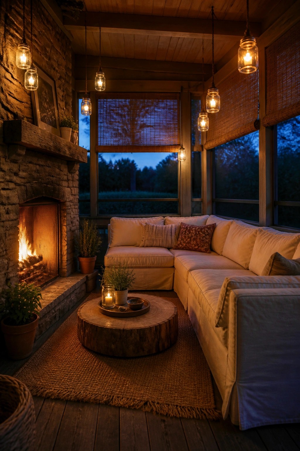 An enclosed rustic porch at dusk shows a stone fireplace with a lit fire, a large cream sectional sofa, a round wooden coffee table on a jute rug, potted plants, and multiple clear glass jar lights hanging from the wood ceiling.