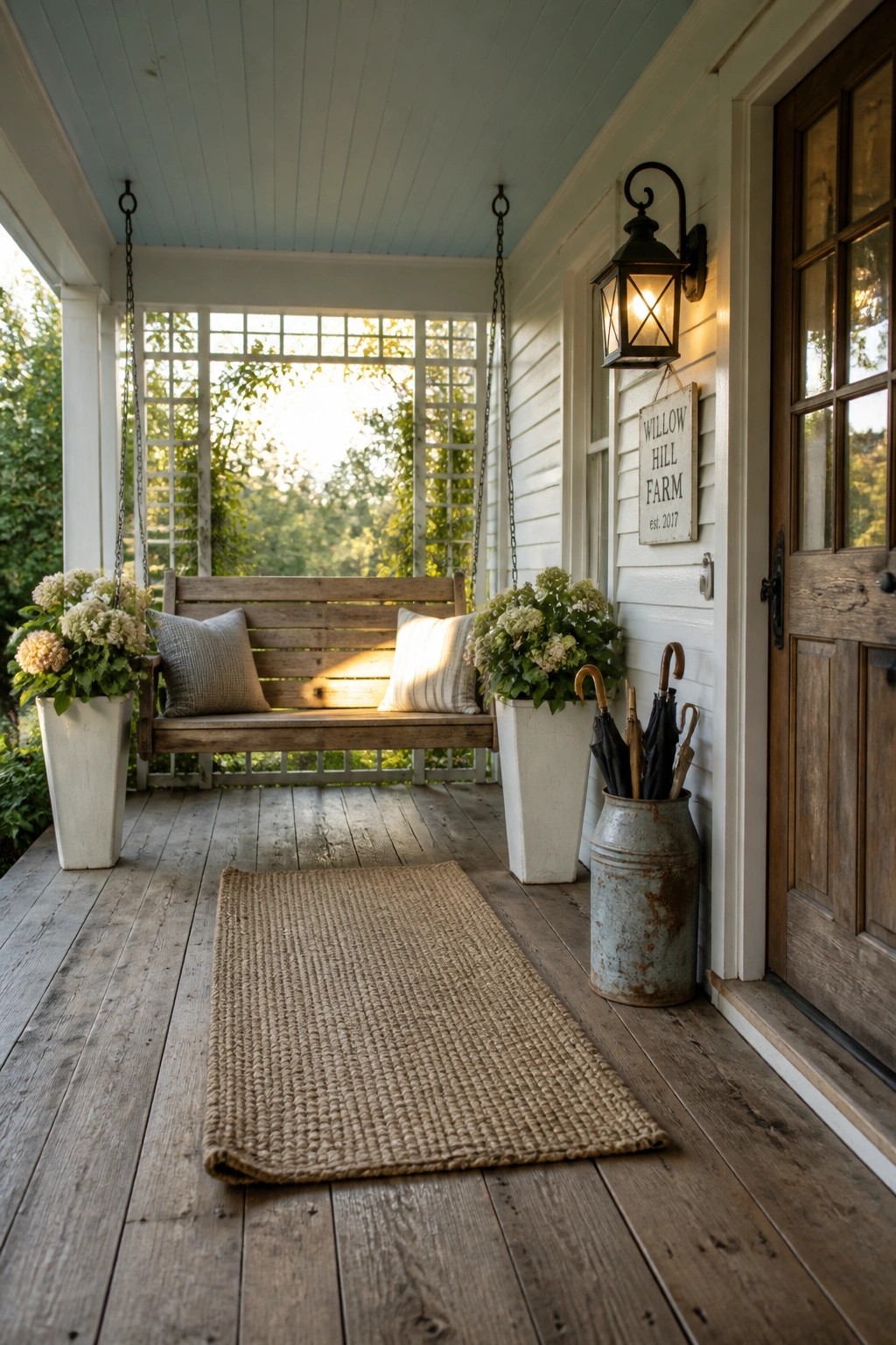A wooden porch swing hangs from chains on a white farmhouse porch beside potted plants and a jute rug.