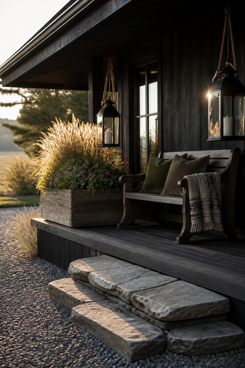 A dark wooden porch with a bench holding green and brown pillows plus a throw blanket, two hanging black lanterns, a large wooden planter box, and stone steps.