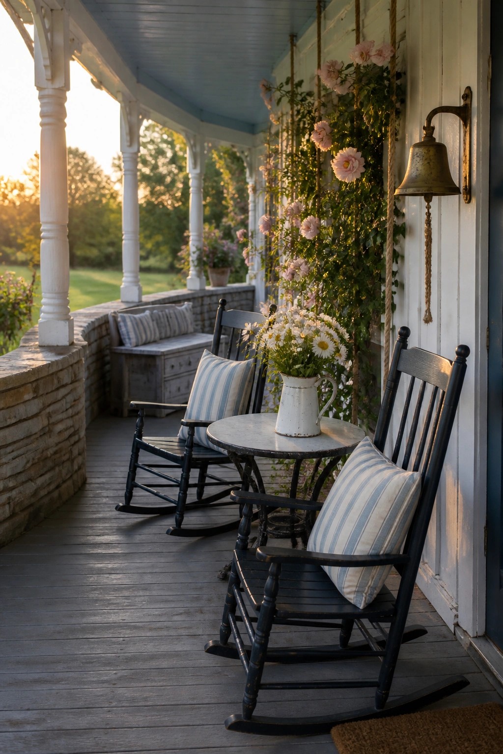Black rocking chairs on porch with climbing roses and daisy pitcher.