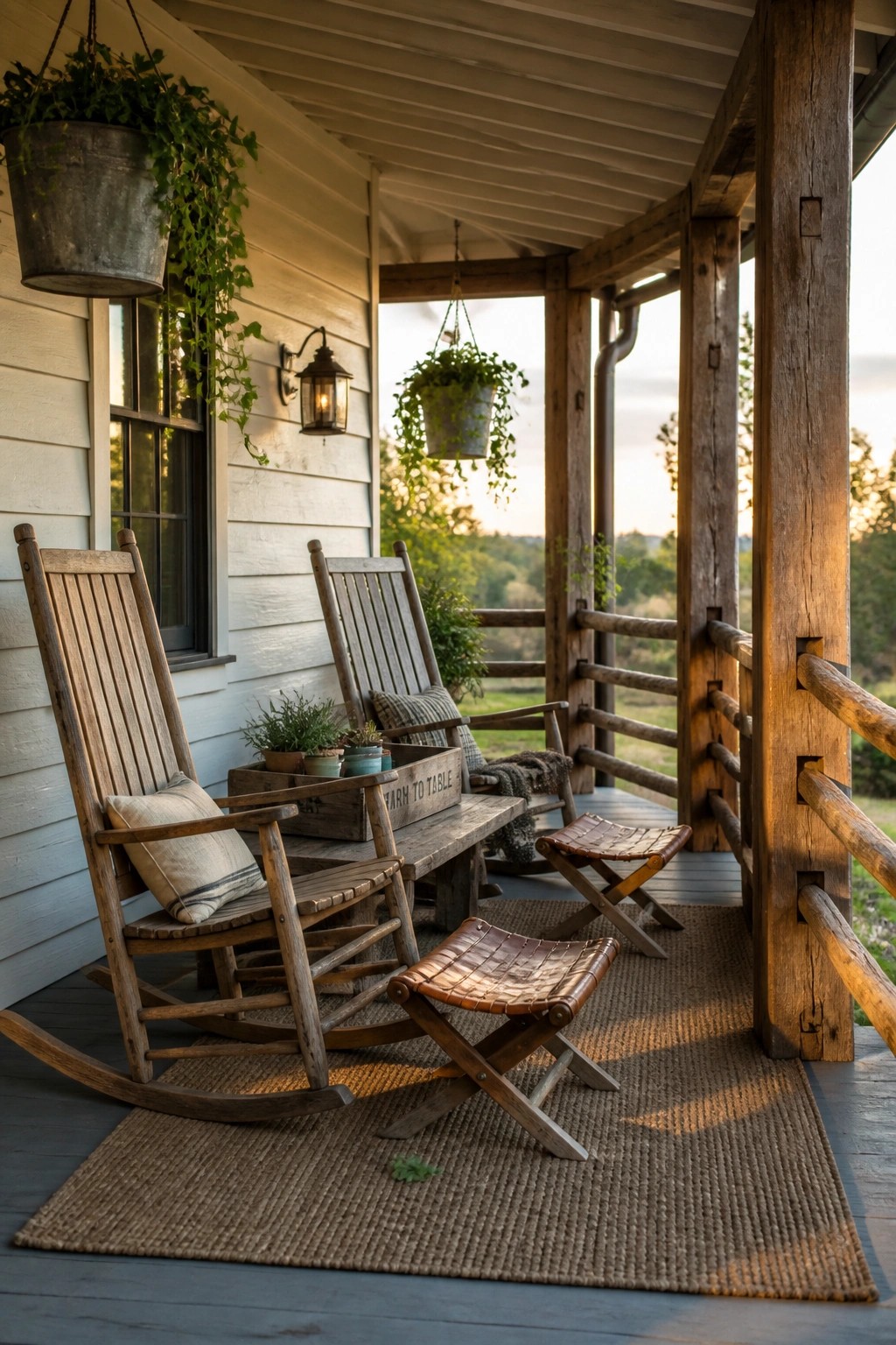 A wooden farmhouse porch with two rocking chairs, two folding stools, a woven rug, hanging plants, and a wooden bench against white siding.