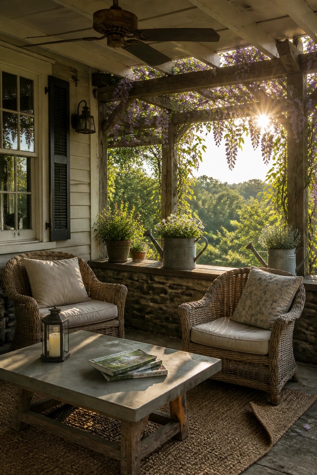 A rustic covered porch features two wicker armchairs with cushions facing a concrete coffee table, surrounded by potted plants and metal watering cans, with a view of trees and sunlight.