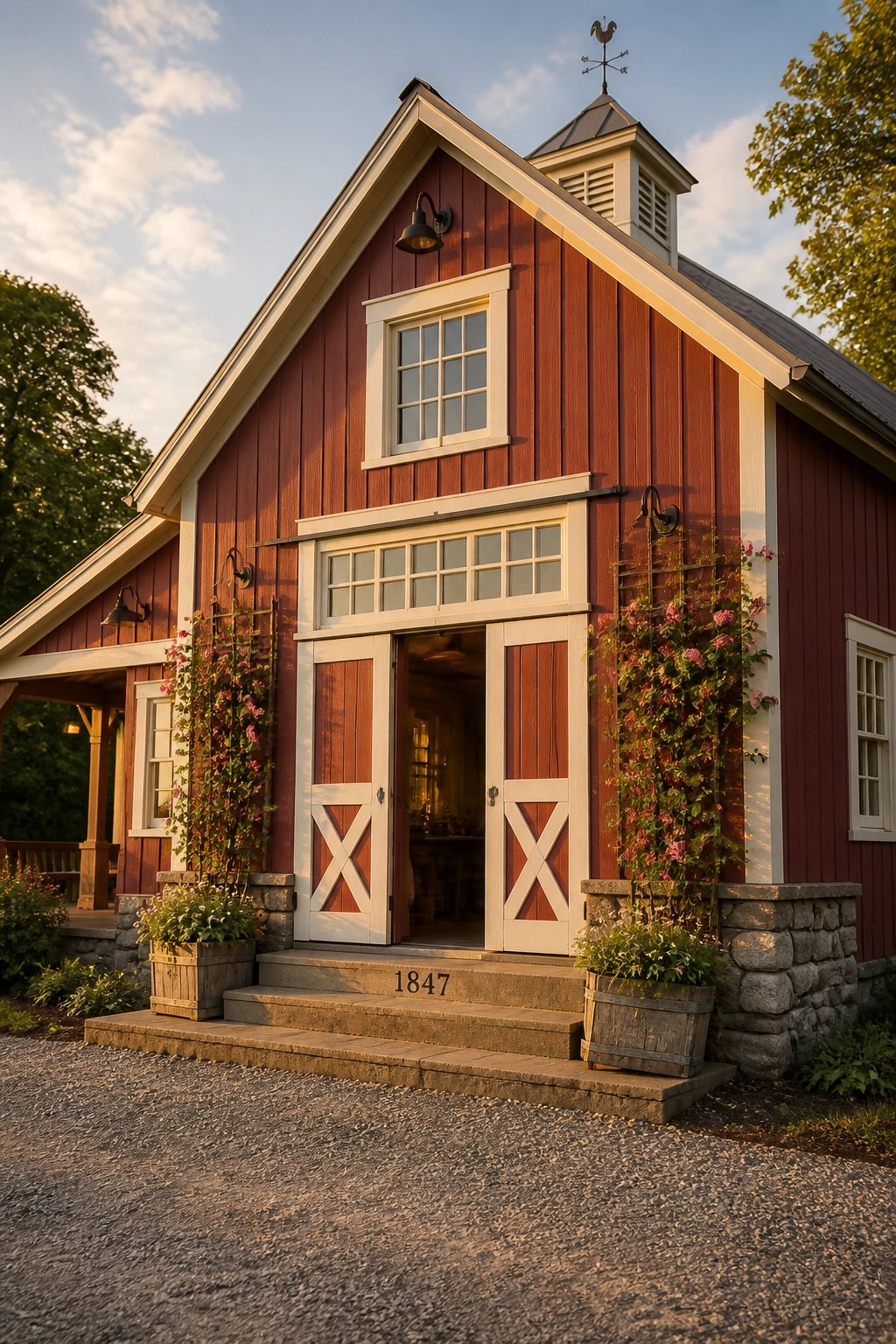 A red painted barn with white trim and open doors.