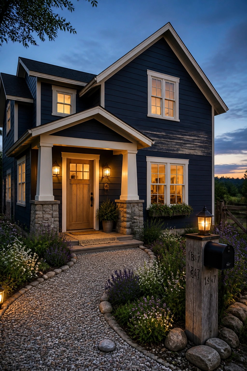 Dark navy blue siding on a two-story farmhouse with white trim.