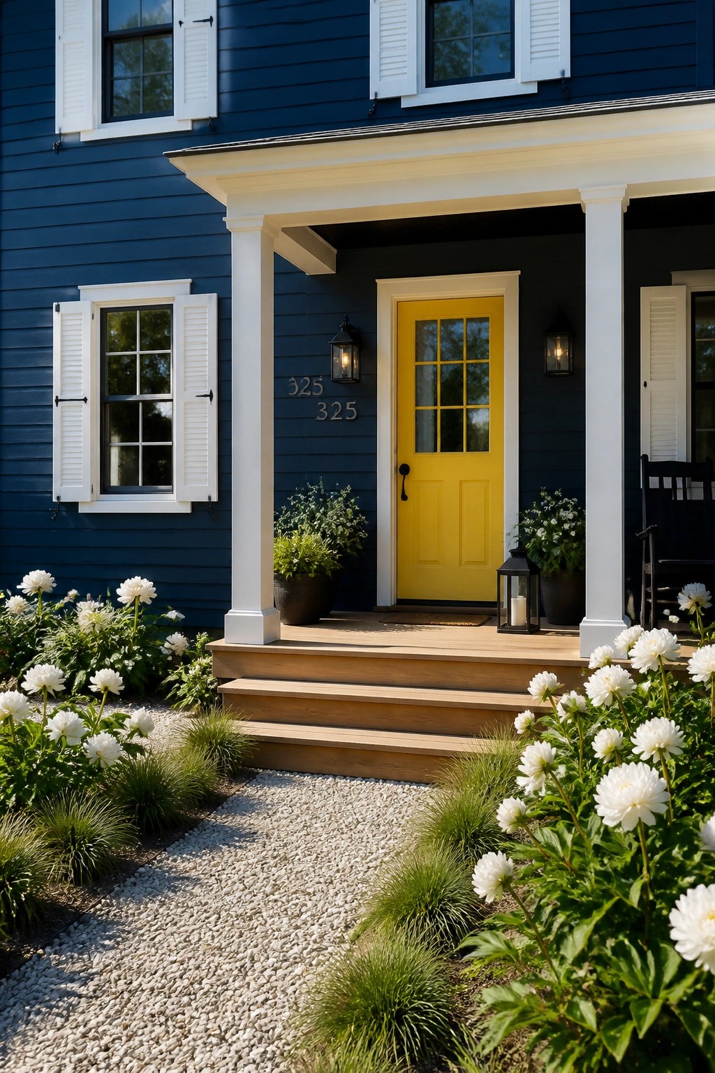 Farmhouse exterior with deep navy blue siding and white trim.
