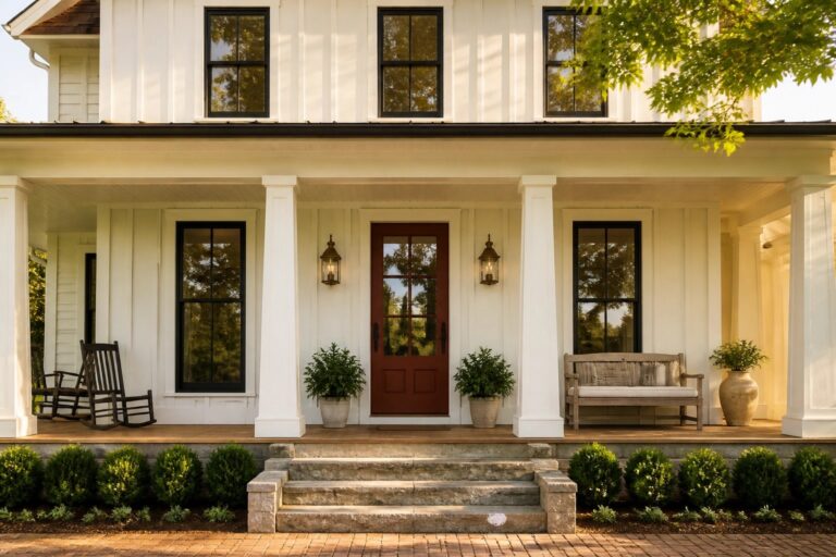 Farmhouse exterior with warm white siding and black window frames.