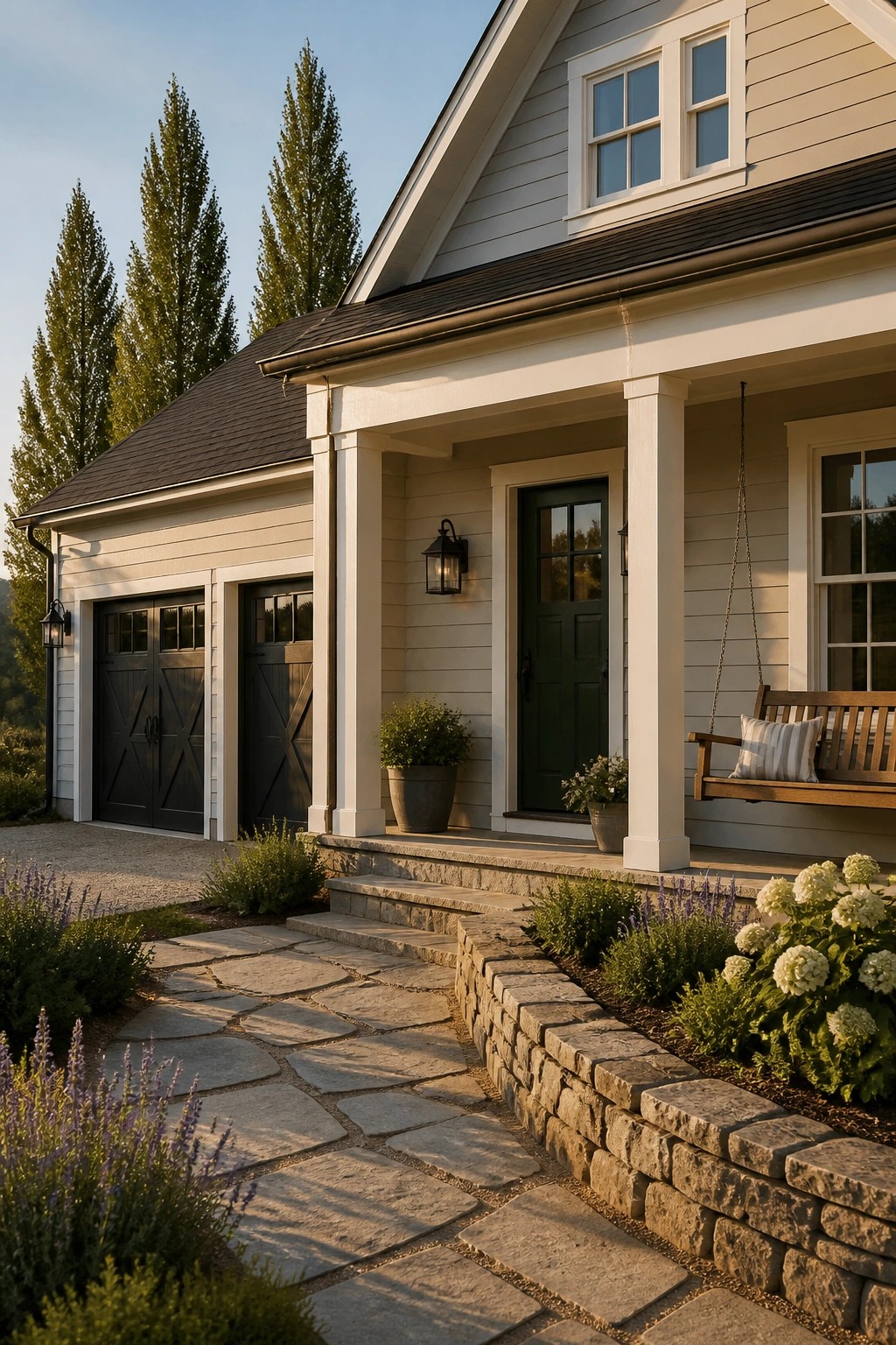 Light greige siding on a farmhouse exterior with white trim and a dark roof.