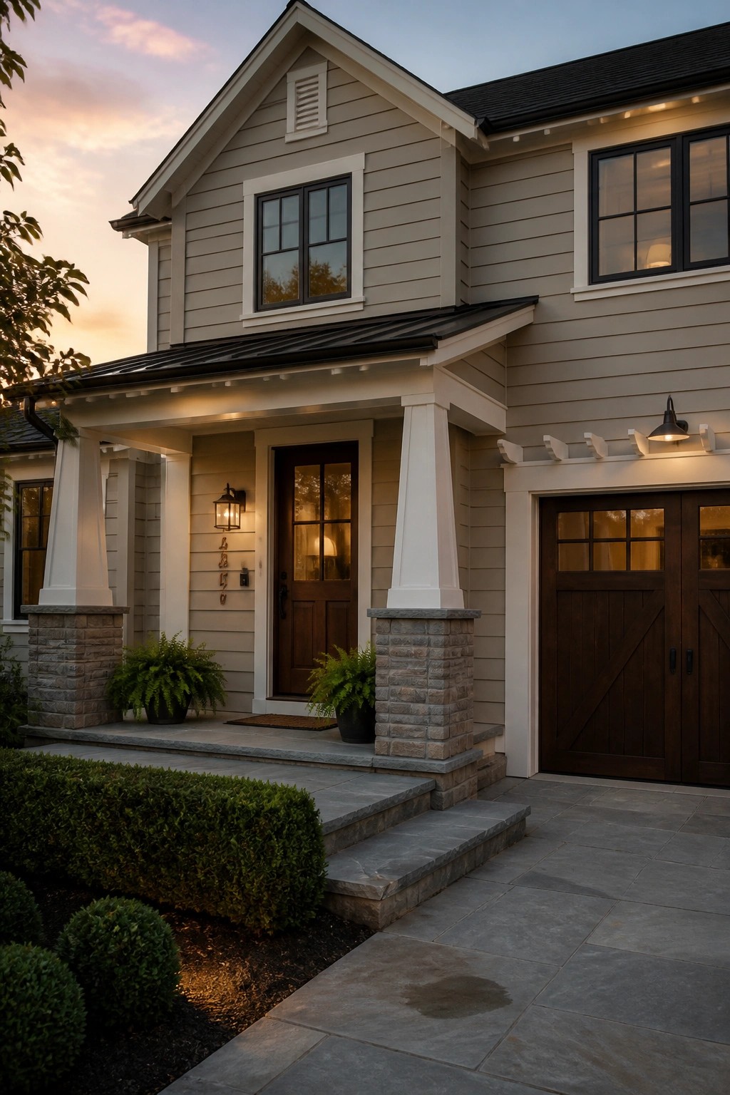 Light greige siding on a farmhouse exterior with white trim and stone pillars.