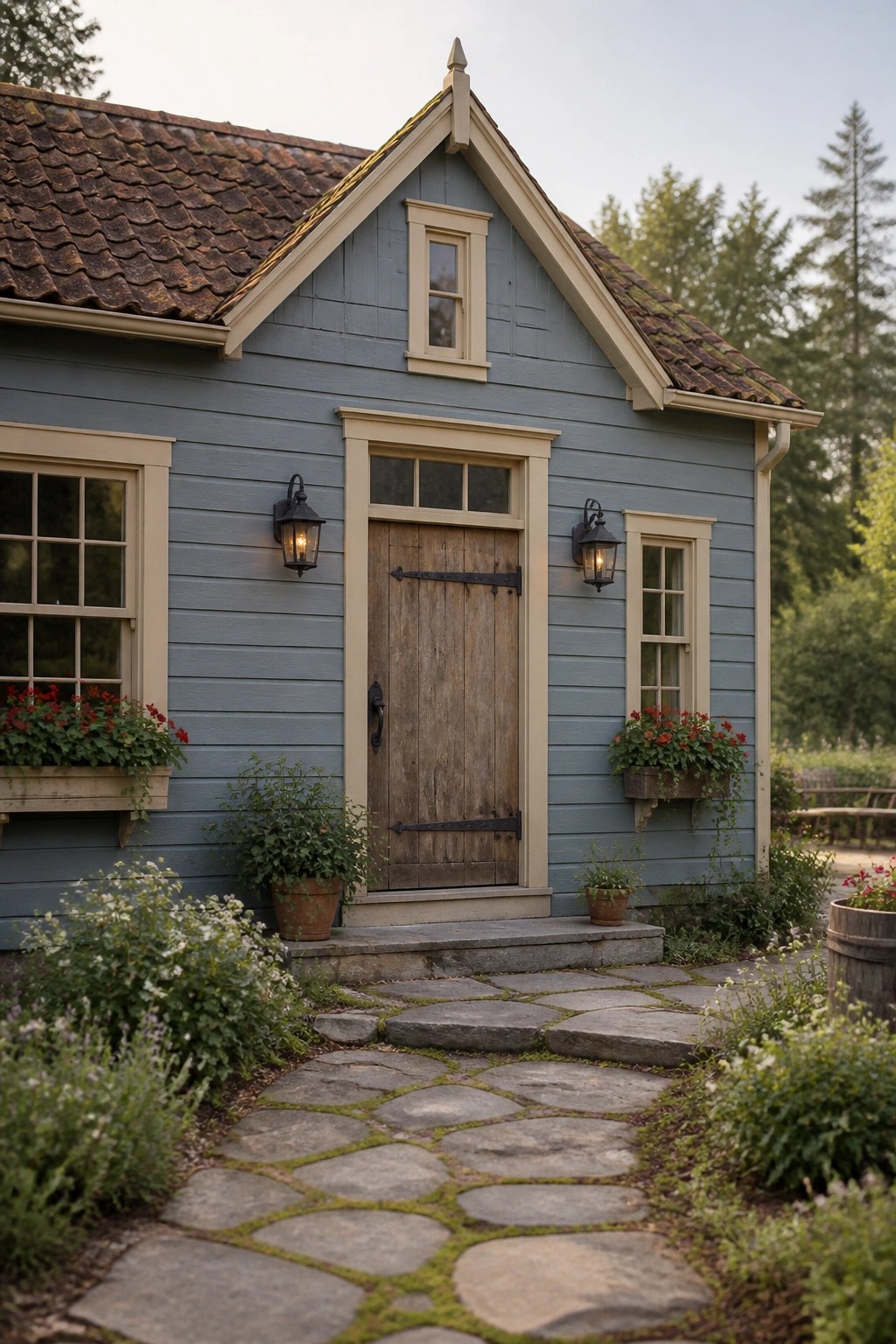 Farmhouse exterior with soft blue gray siding and wood door.