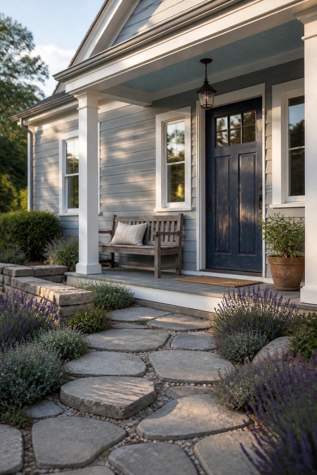 A light blue gray farmhouse with white trim and a stone path leading to the porch.