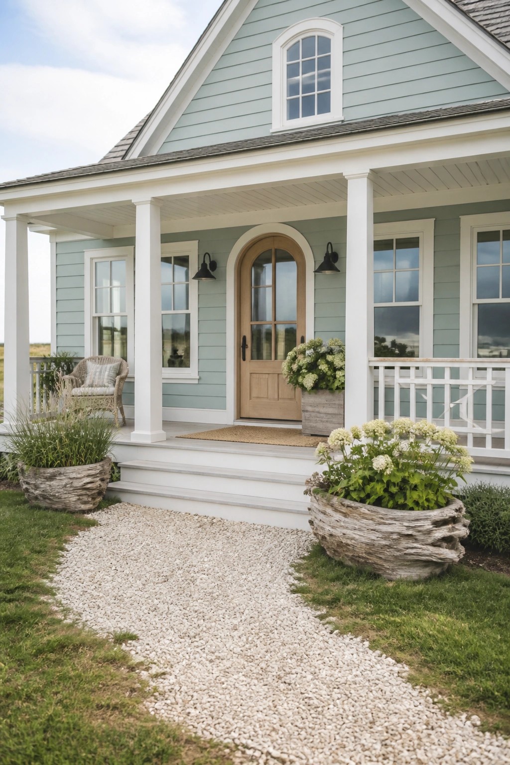 A light blue green farmhouse exterior with white trim and a wood door.