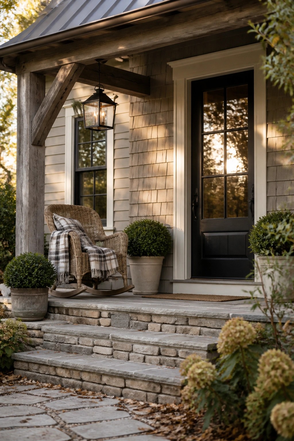 Farmhouse exterior with soft gray siding on the front porch.