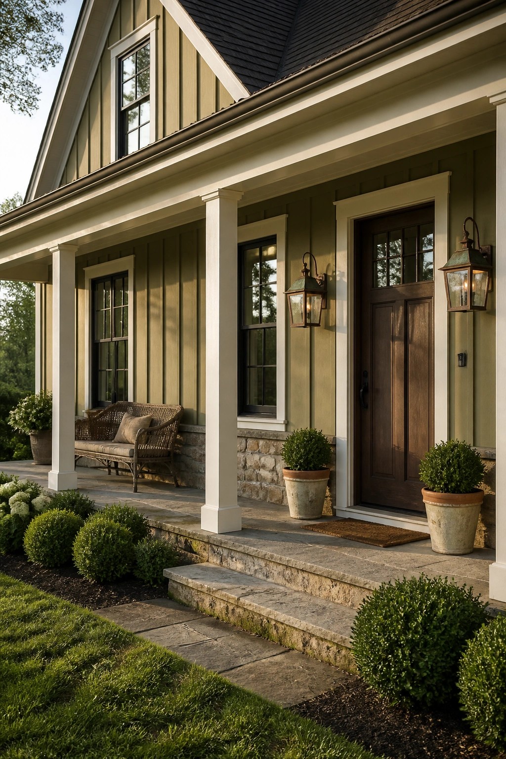 Farmhouse exterior painted in a soft sage green with white trim.