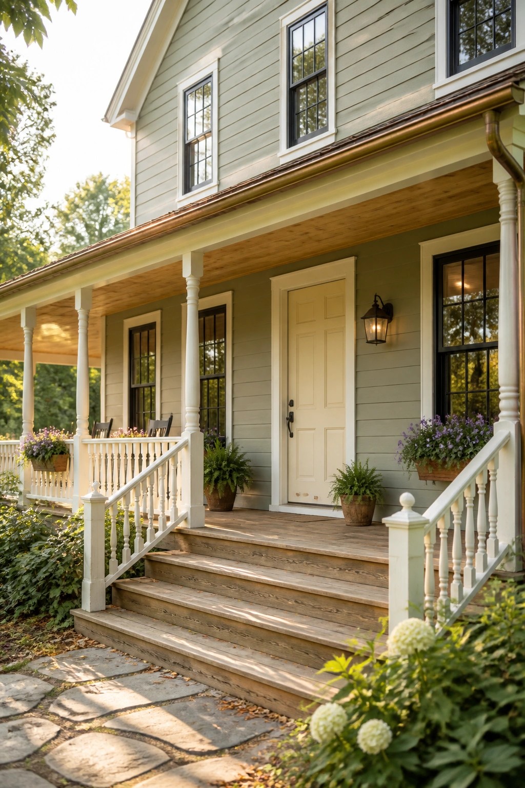 Light sage green siding on a two-story farmhouse with white trim and a wooden porch.