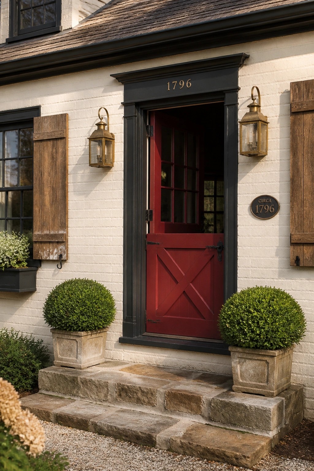 Red door with black trim on white brick house entrance, flanked by lanterns and shrubs.