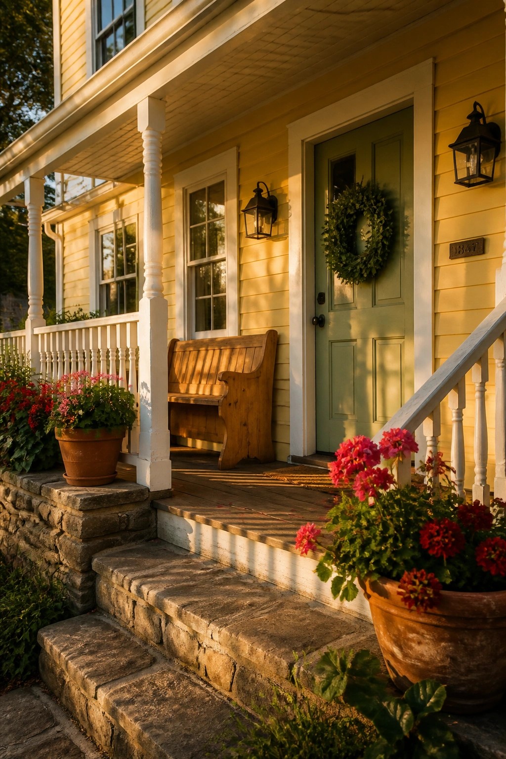 Yellow painted siding on a farmhouse exterior with white trim.
