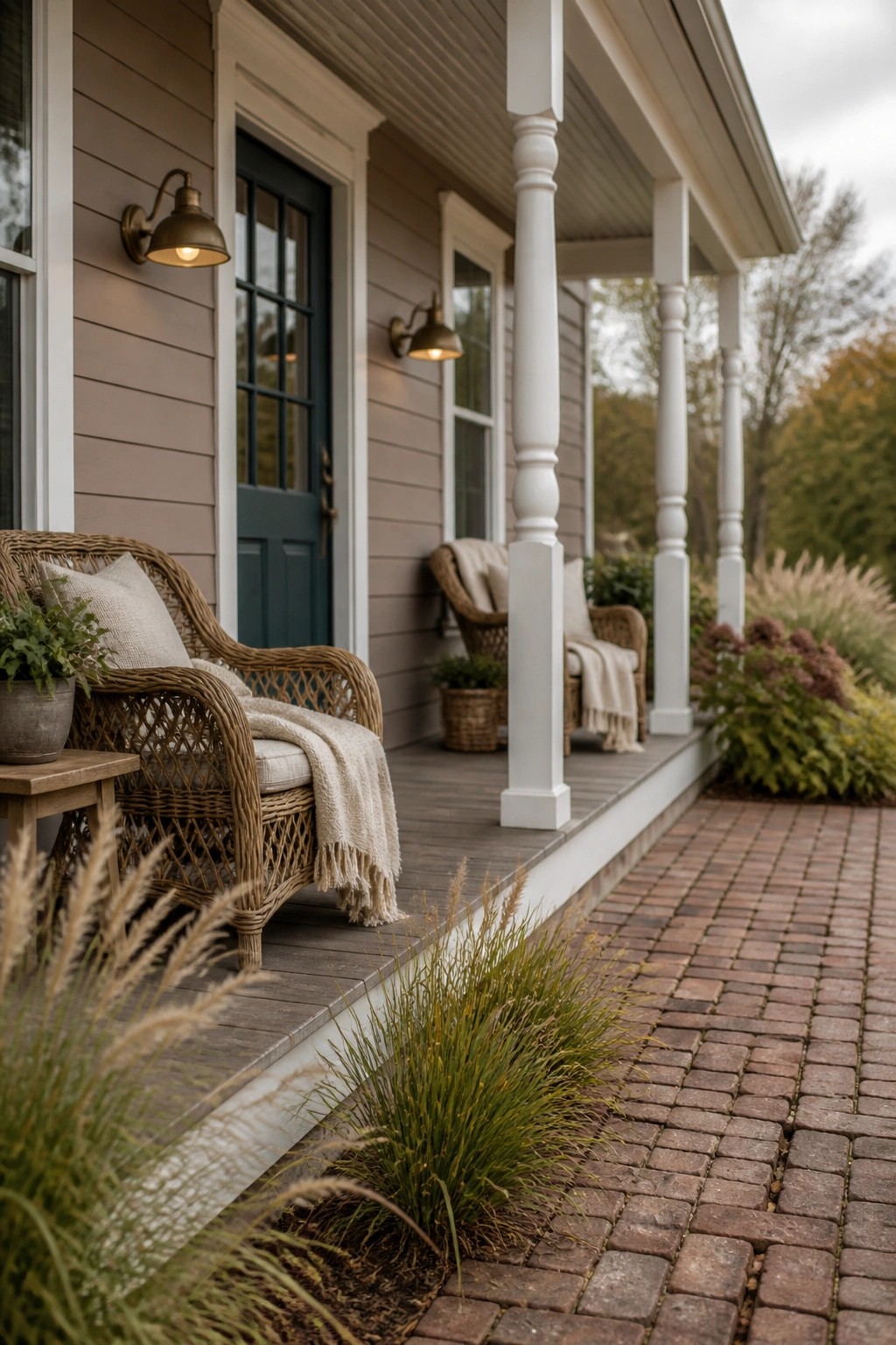 Warm greige siding covers the exterior of a farmhouse porch with white columns.