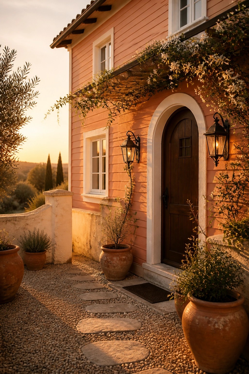 A farmhouse exterior with soft peach painted siding.