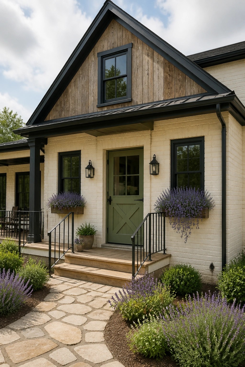 Farmhouse exterior with warm white painted brick siding.