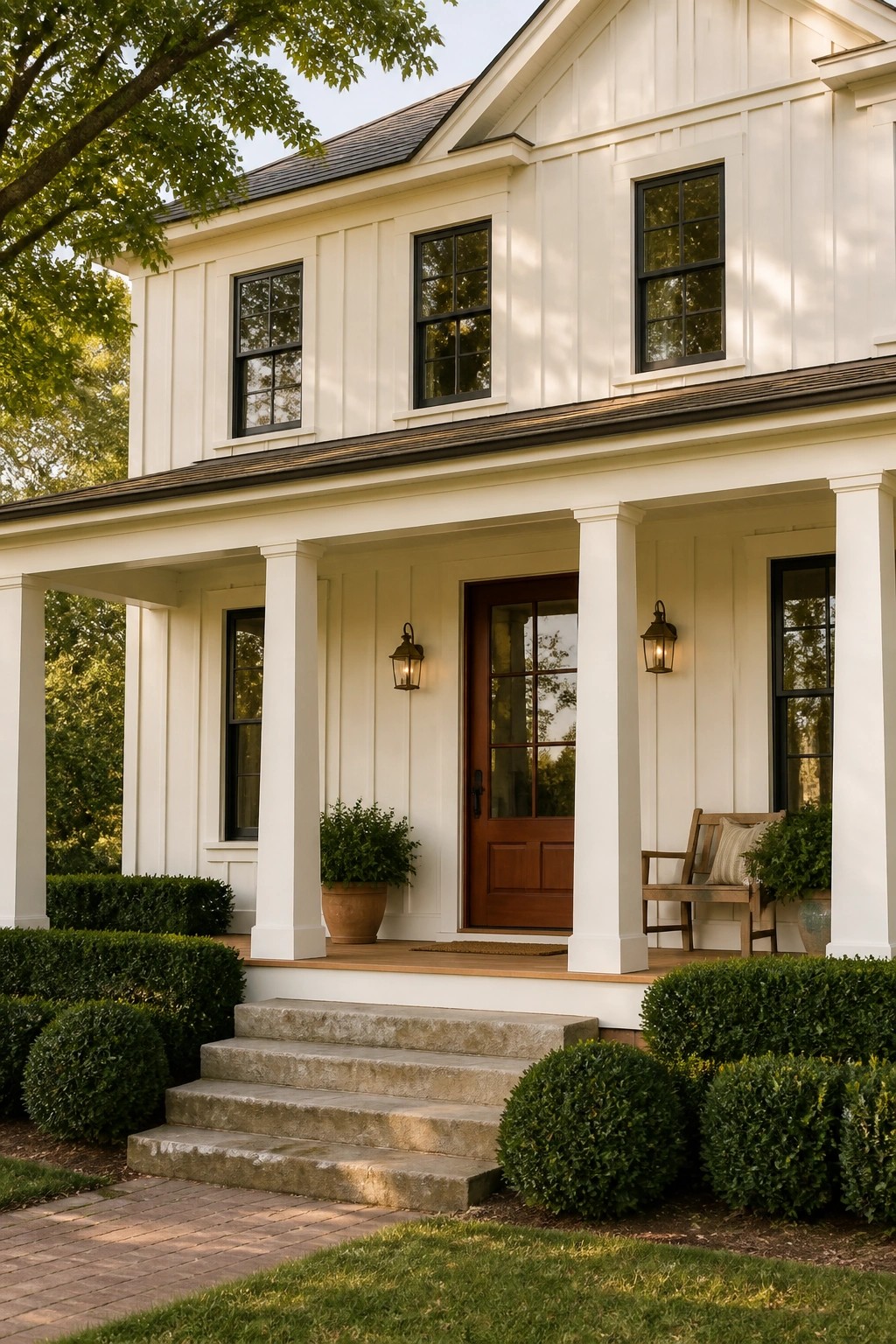 Farmhouse exterior with warm white siding and black window frames.