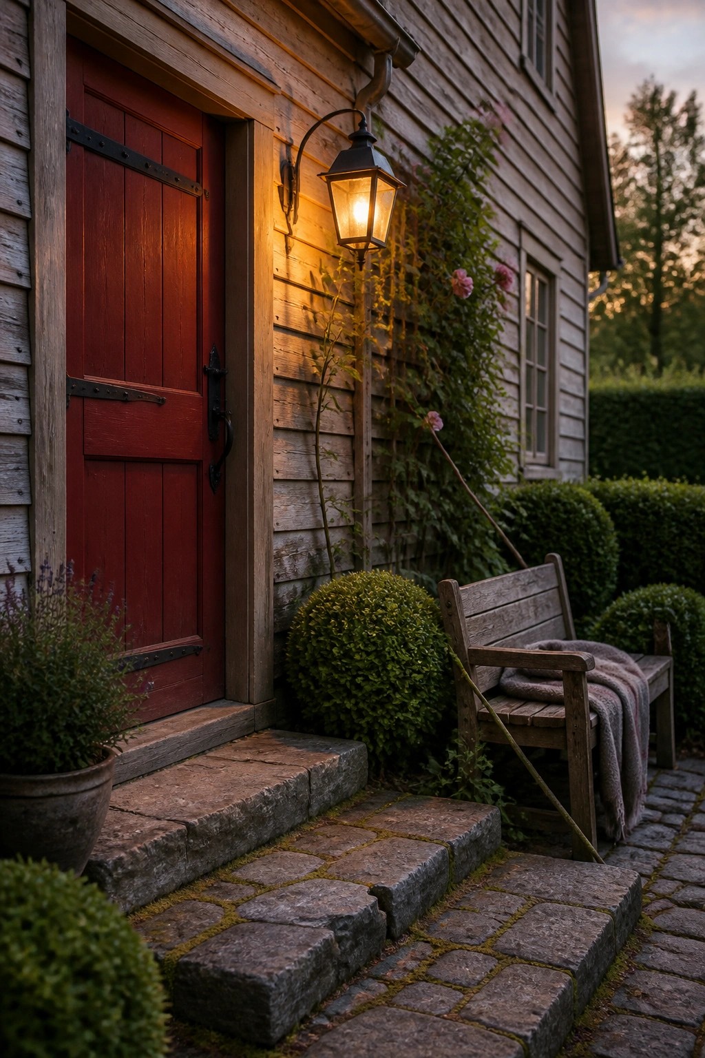Red door on wooden cottage with glowing lantern, stone steps, and wooden bench