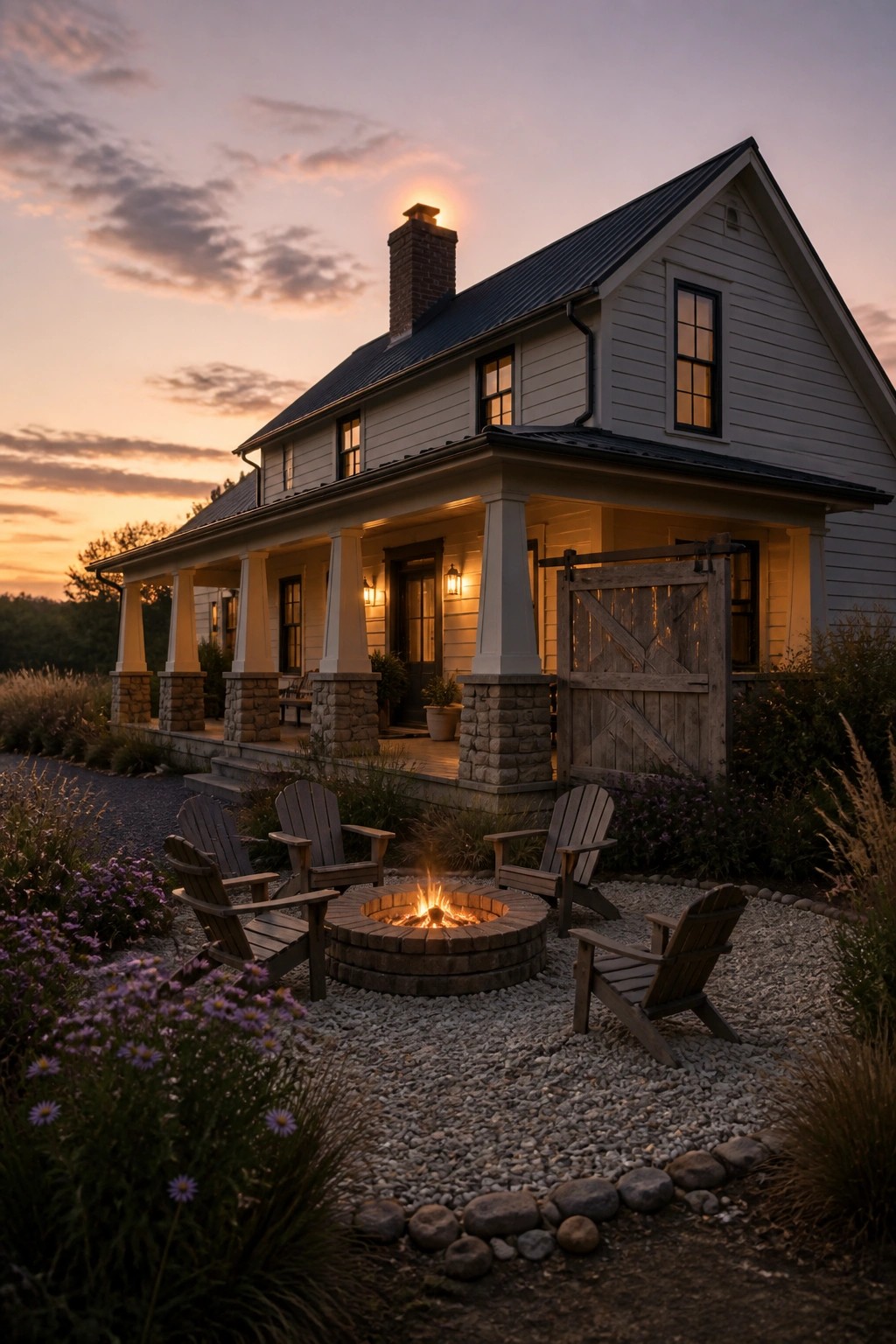 A white farmhouse at dusk with a stone fire pit on gravel, surrounded by wooden chairs, and purple flowers in the foreground.