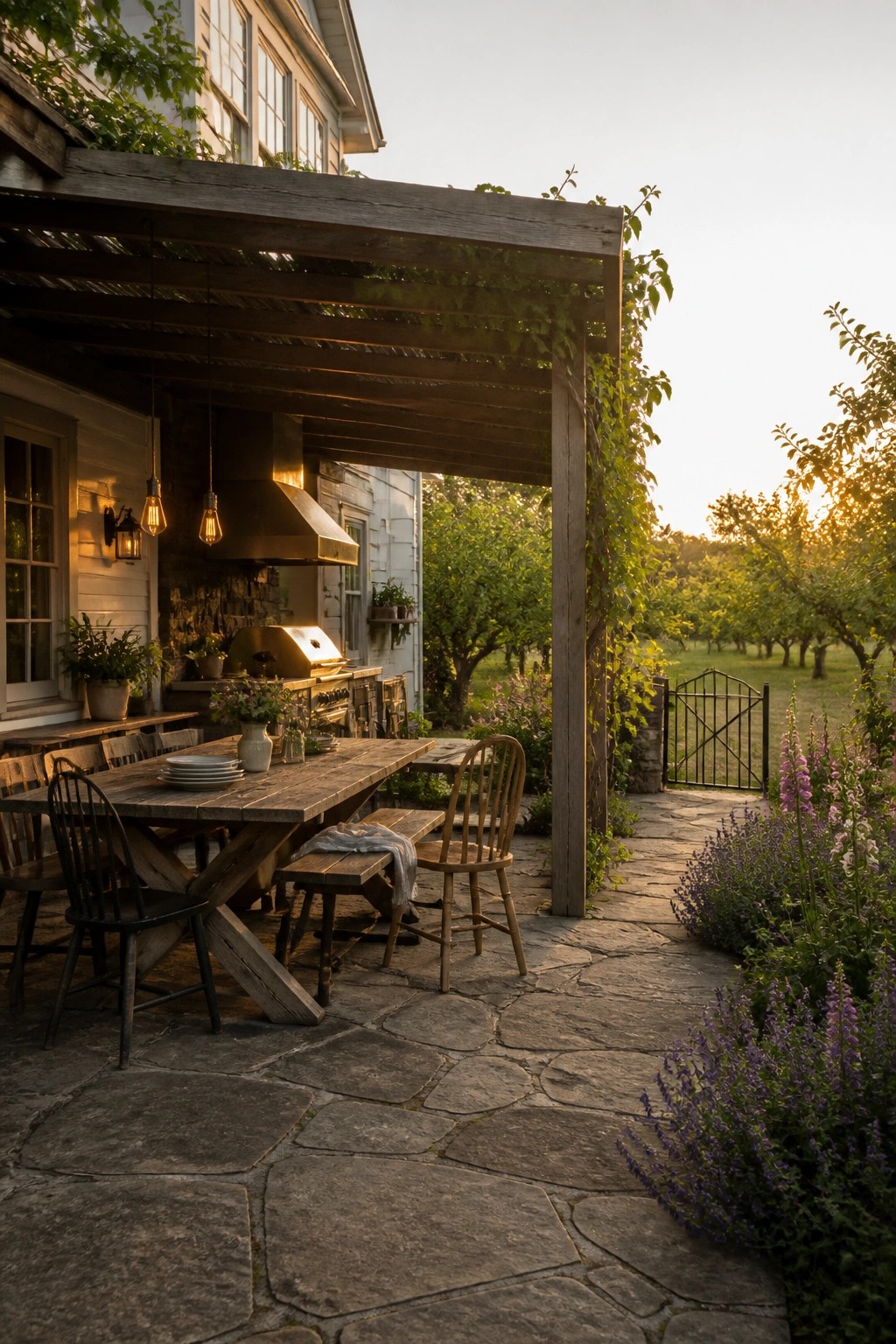 A wooden pergola covers a long dining table on a stone patio beside a white farmhouse, with a grill station and garden path visible.