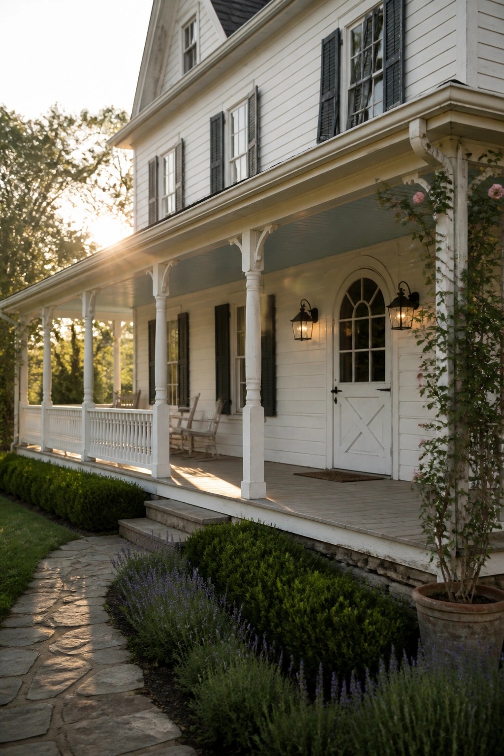 A white two-story farmhouse exterior with a long covered porch supported by white columns, black shutters on the windows, an arched front door, and a stone path through the garden.