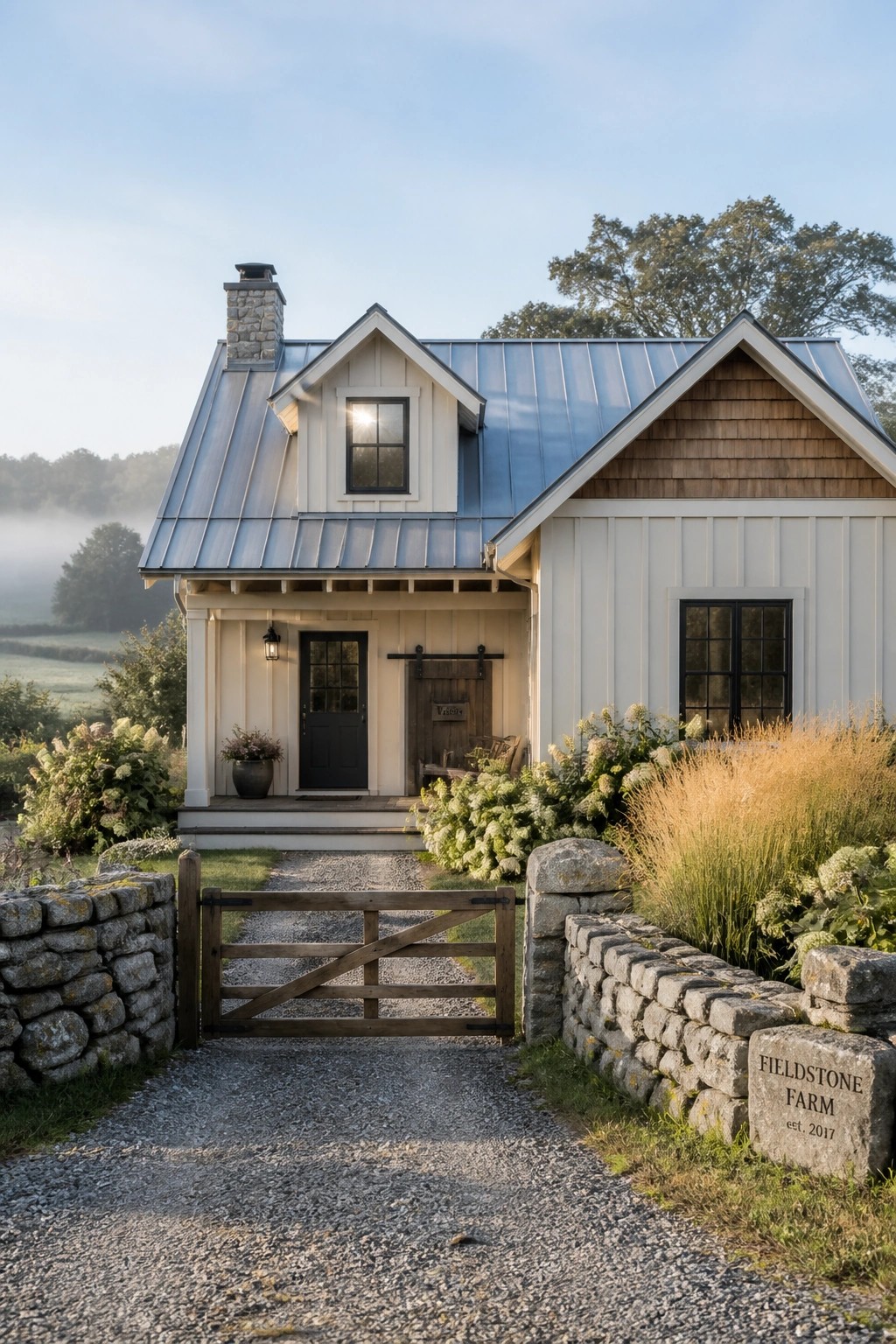 A white farmhouse with a metal roof and a gravel driveway leading through a wooden gate set between low stone walls.