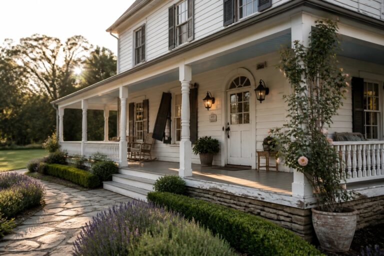 19 Timeless Old Farmhouse Exterior Ideas for Classic Country Charm A white two-story farmhouse exterior with a long covered porch supported by white columns, black shutters on the windows, an arched front door, and a stone path through the garden.