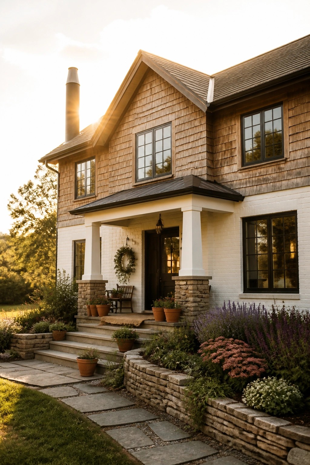 A two-story farmhouse exterior featuring wood shingle siding on the upper level, white brick below, a gabled roof with chimney, and a front porch supported by white columns on stone bases.
