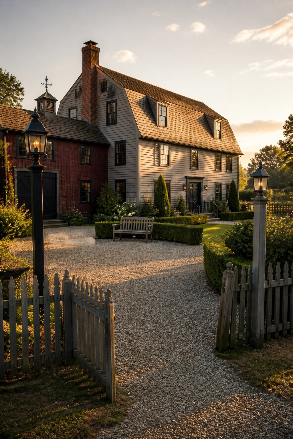 Historic gray colonial house with gravel path, bench, lanterns and picket fence at dusk.