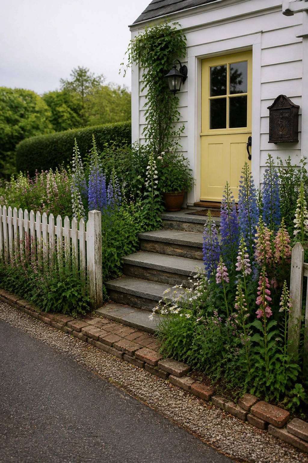 Yellow door on white cottage with stone steps, picket fence and colorful flowers