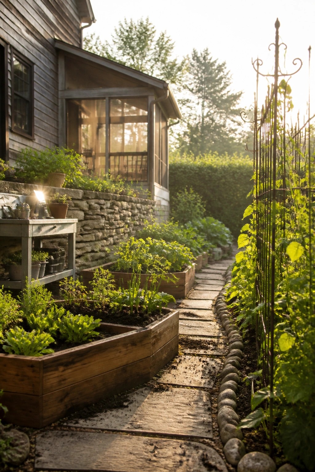 Lush garden with wooden raised beds along a stone path beside a house