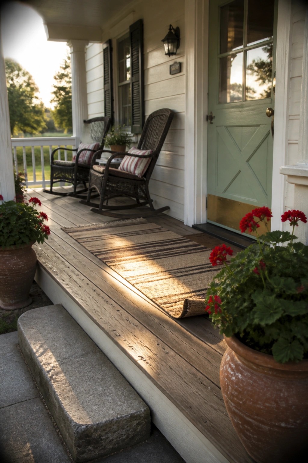 Sunlit wooden porch with wicker rockers, green door, red geraniums, and striped rug