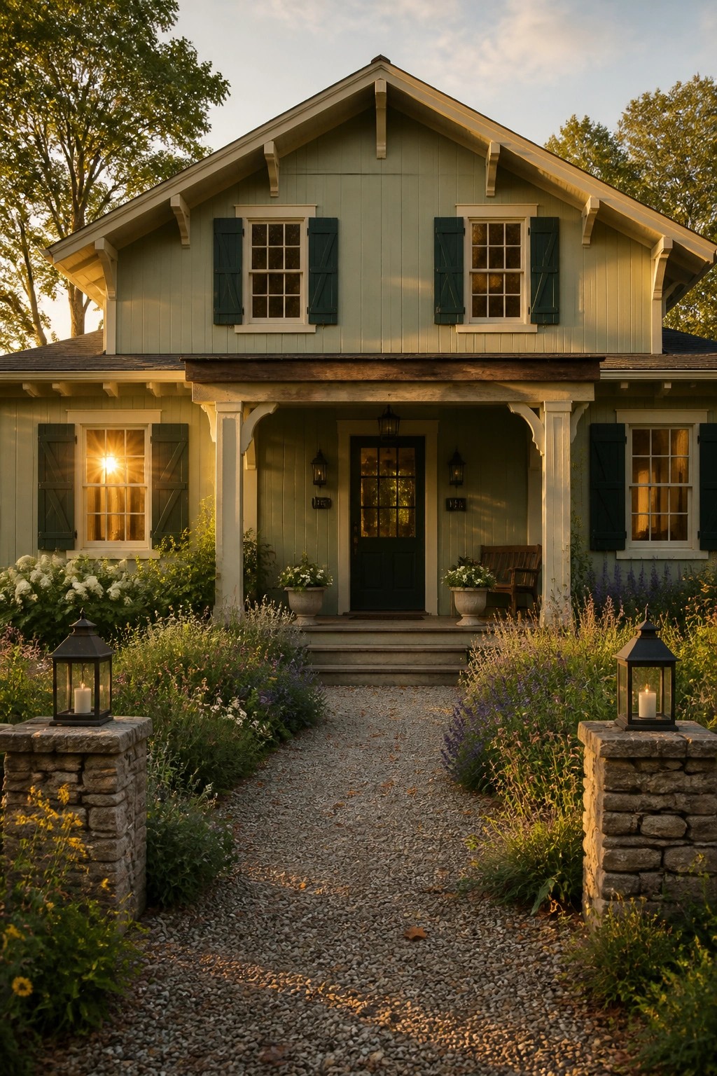 A two-story light green farmhouse with dark green shutters, a central dark door under a small porch, and a gravel path lined with stone lanterns leading to the entrance.