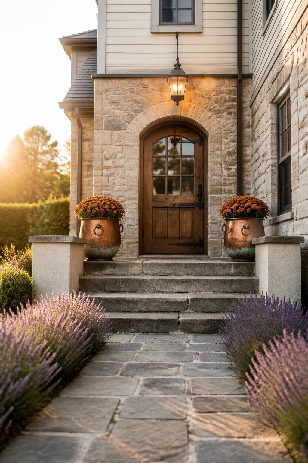 A wooden door centered under a stone arch on a house exterior, with stone steps, copper planters on the landing, and lavender along the walkway.