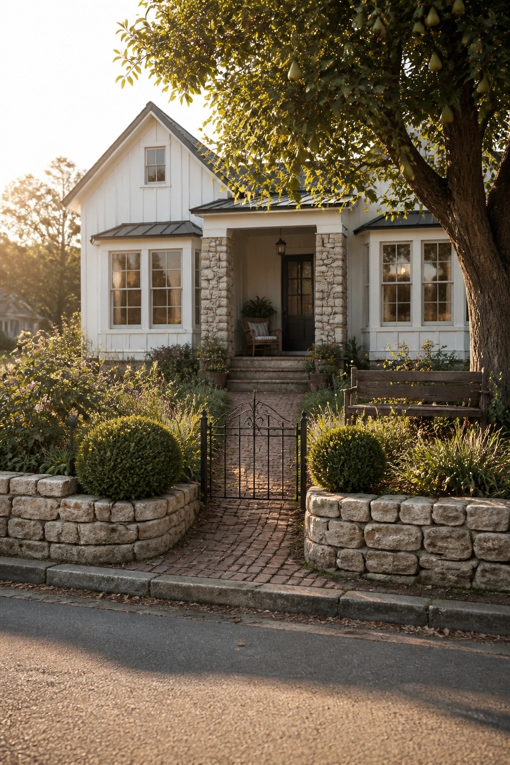 Quaint white cottage with brick path, stone walls, black gate, and garden bench
