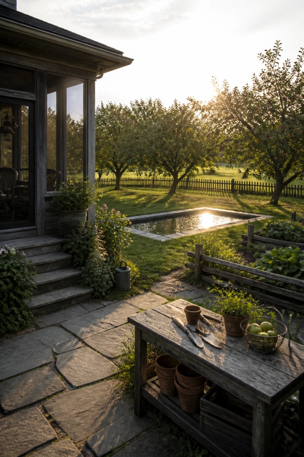 A weathered wooden farmhouse with stone path, porch steps, potted plants, and a rustic garden table holding tools and apples, with a pool and orchard visible beyond.
