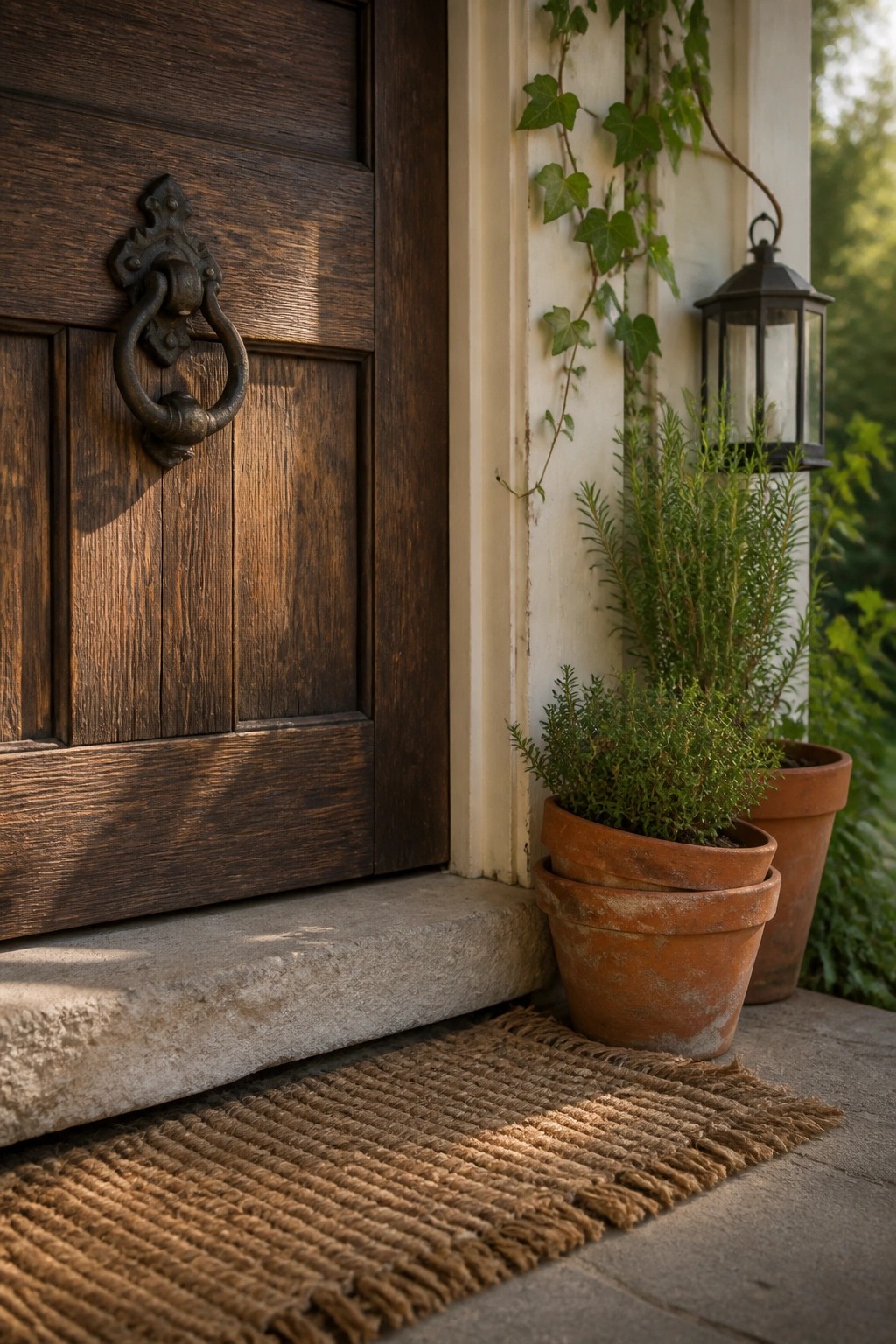 A dark wooden front door with a metal knocker is shown beside stacked terracotta pots holding green plants, a woven doormat on the stone step, and ivy growing on the wall.