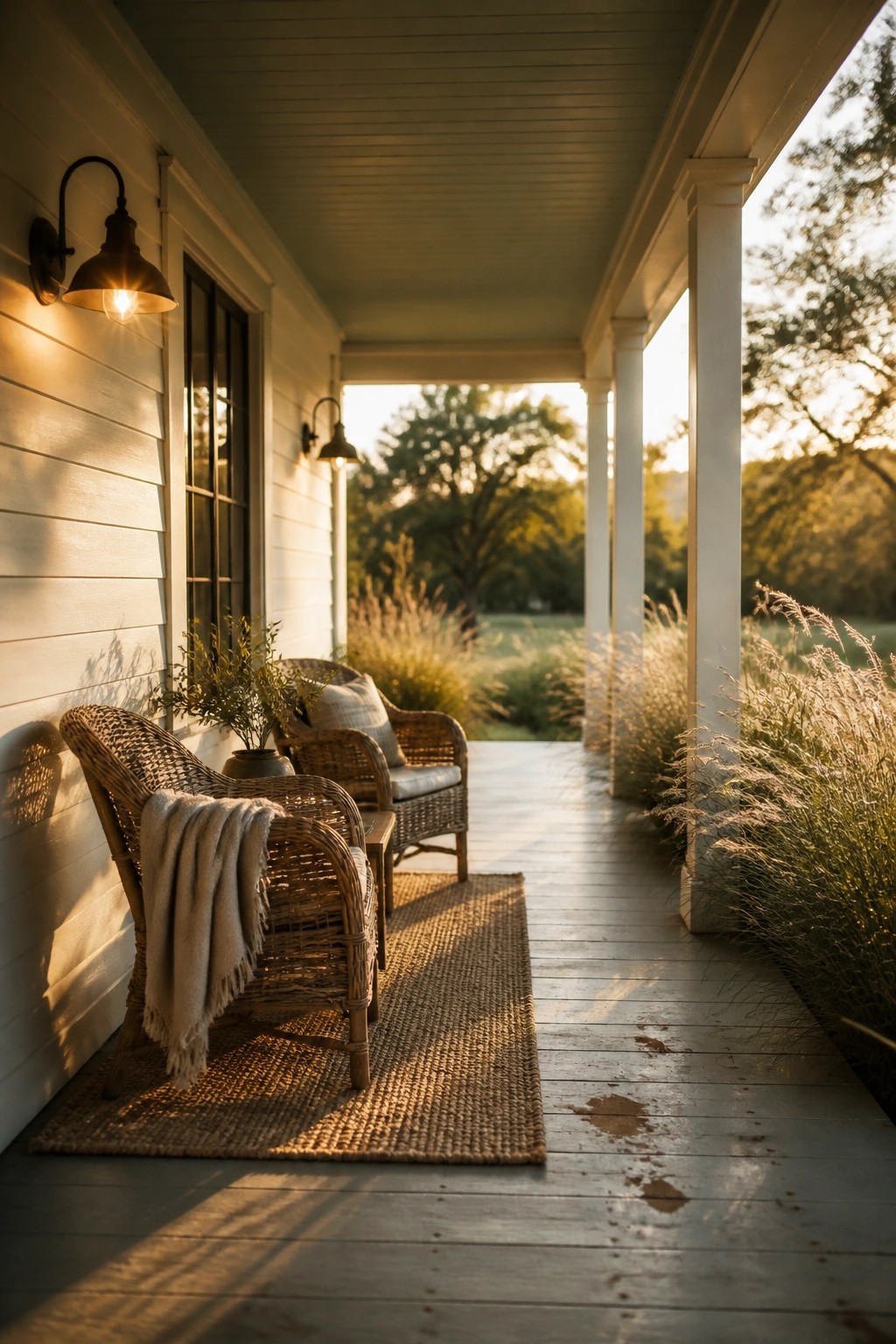 A wooden farmhouse porch with two wicker armchairs on a woven rug, a folded throw on one chair, and wall sconces glowing at sunset.