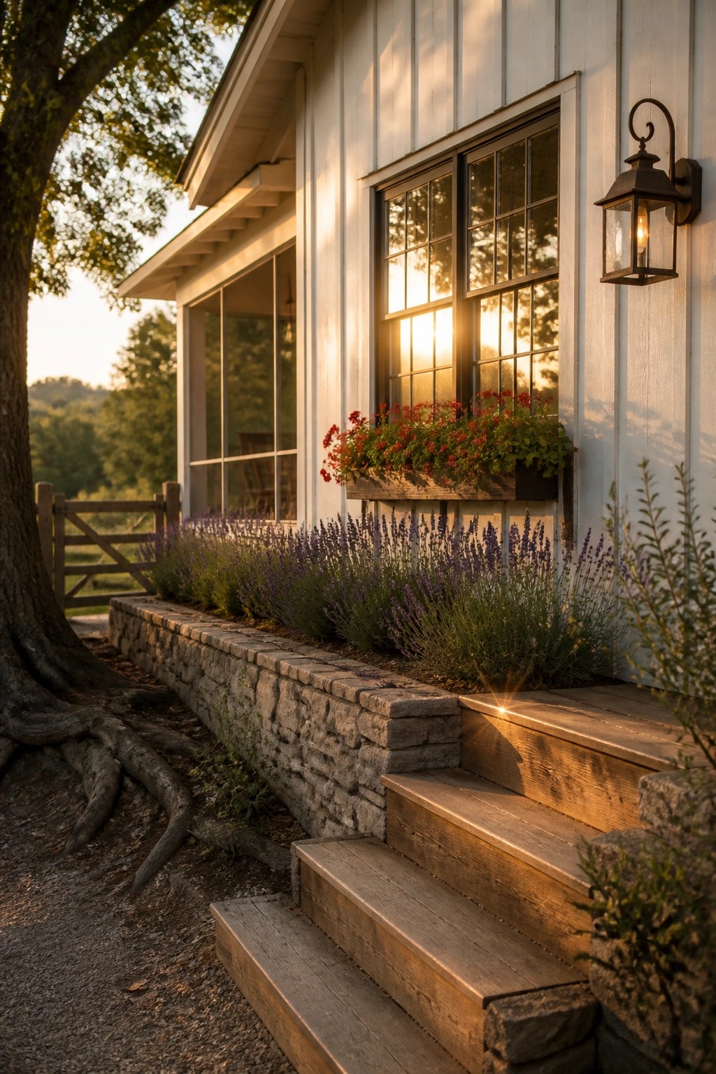 A white farmhouse exterior features a wooden window box filled with red flowers beneath a grid-paned window, with wooden steps and a low stone retaining wall in the foreground.