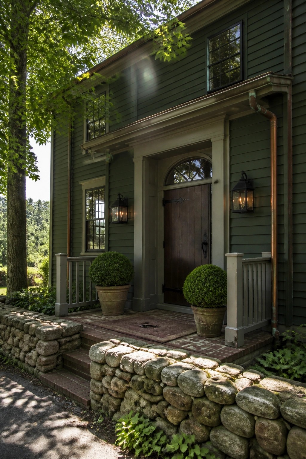 Green house entrance with arched wooden door, brick porch, and stone wall