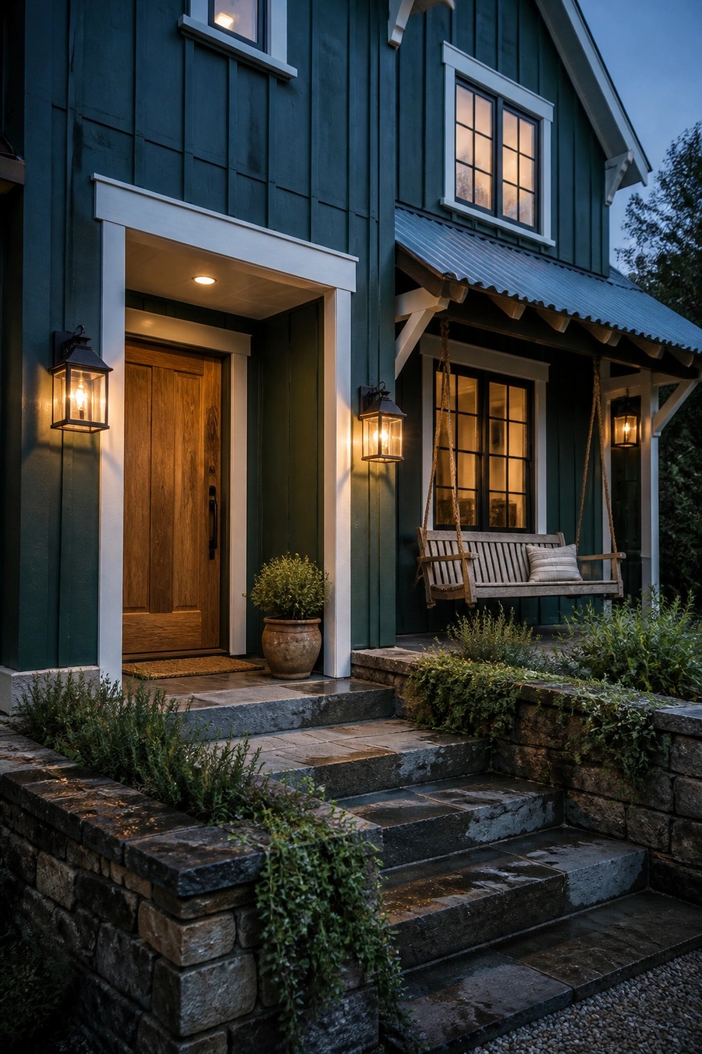 Dark green siding on a farmhouse exterior with white trim and stone steps.