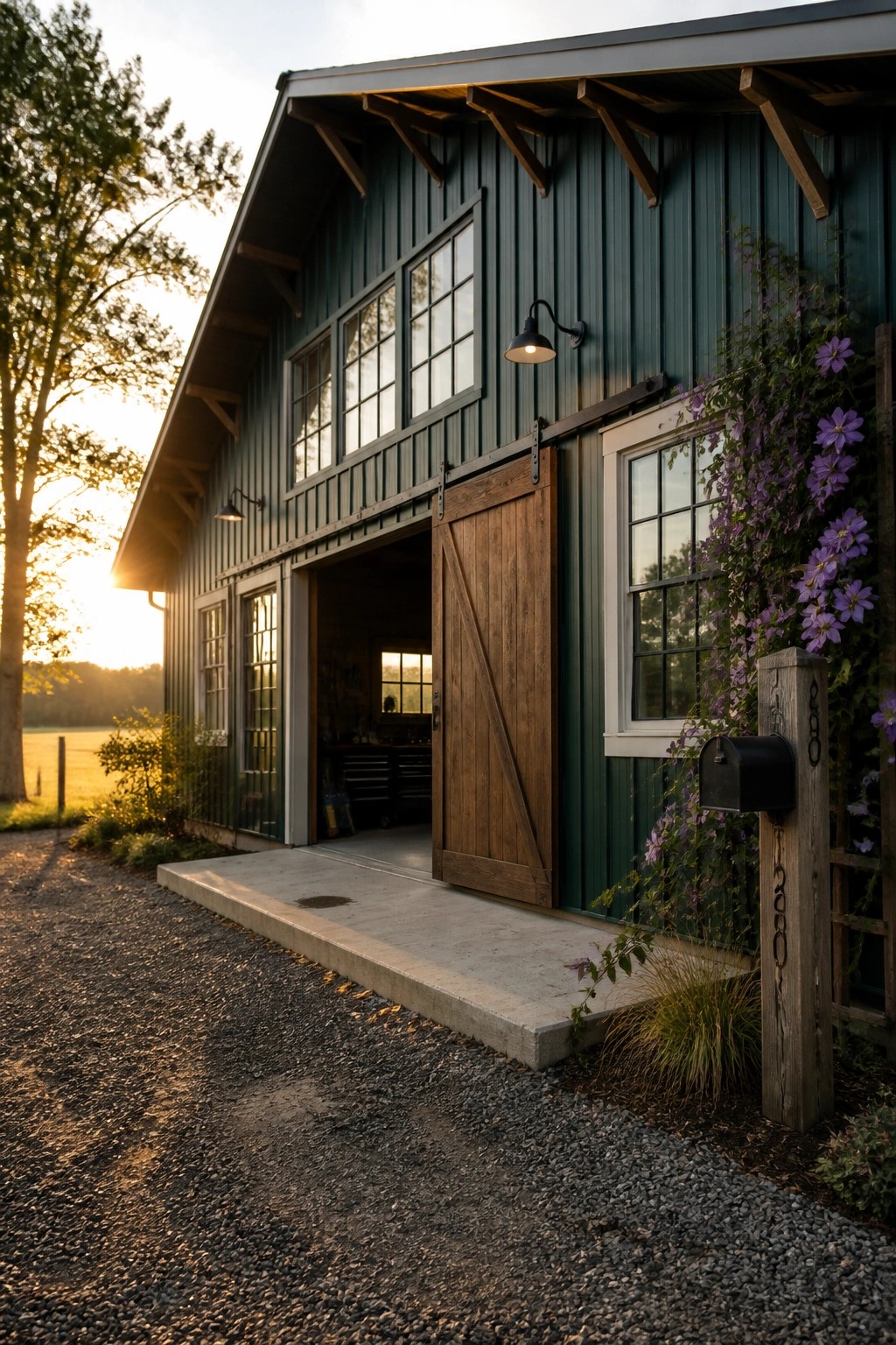 Green barn with open wooden doors, purple flowers, mailbox post, gravel drive at sunset