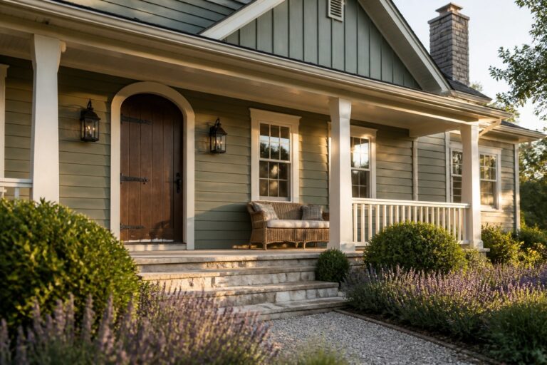 Cozy cottage porch with sage green siding, arched door, wicker bench, and lavender.