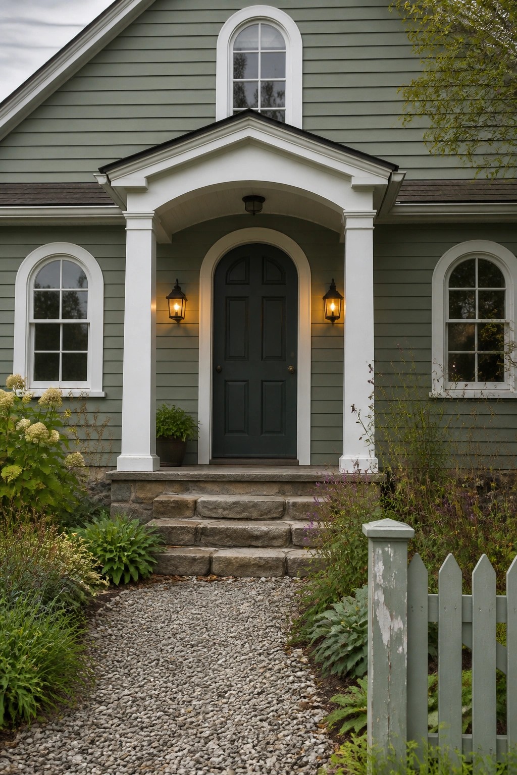 A farmhouse exterior with muted sage green siding and white trim.