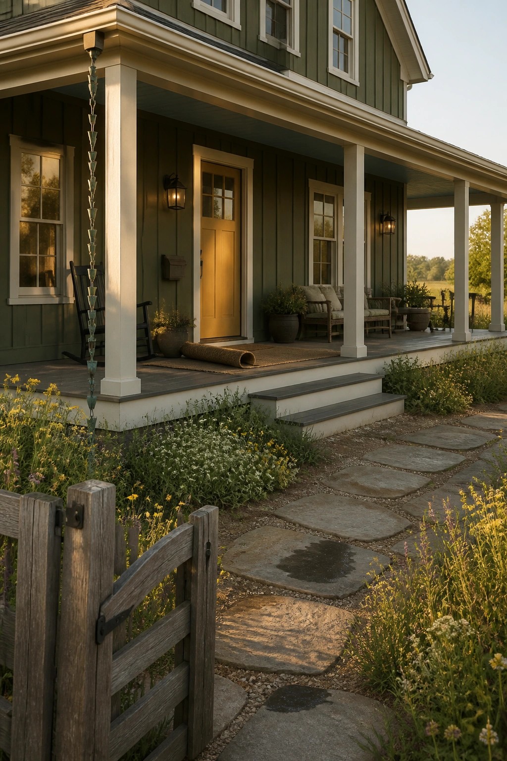 Green house with yellow door, white porch, stone path, and wildflowers at dusk